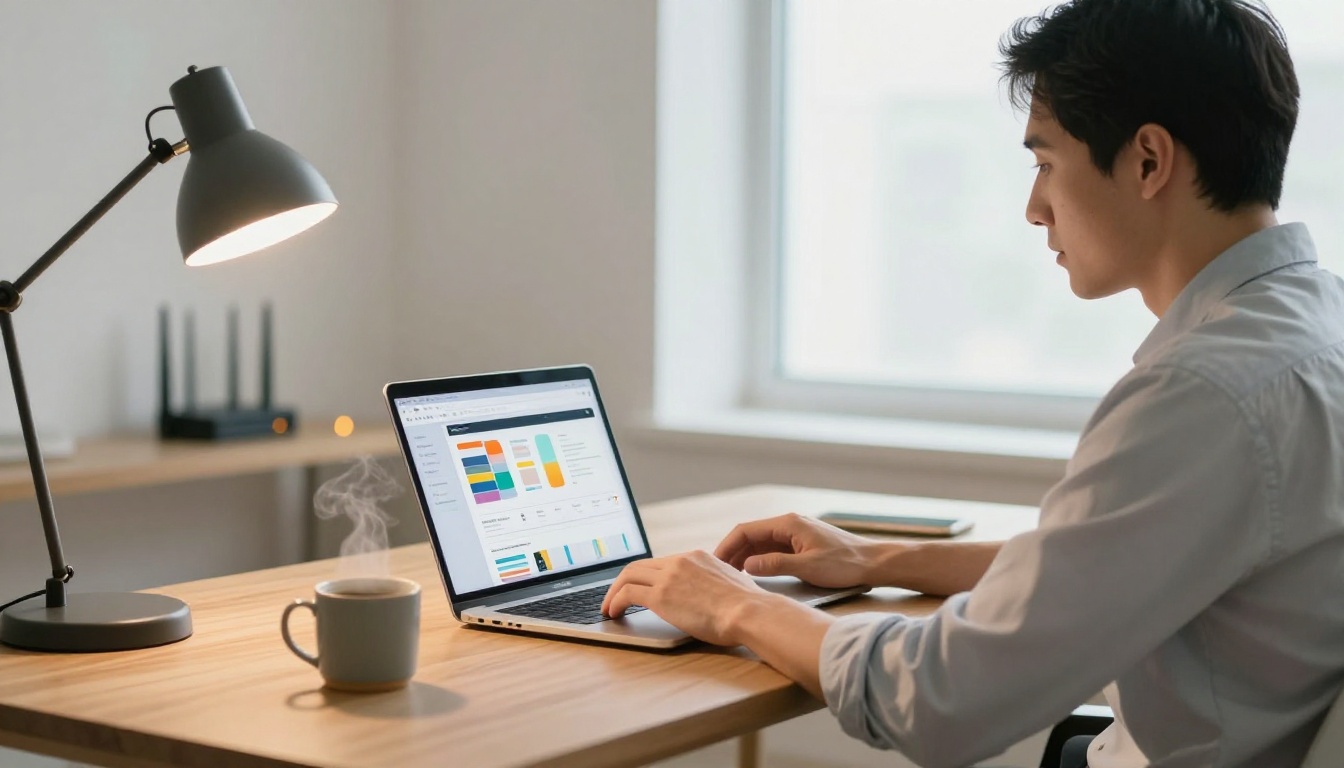 A business professional looking at a laptop showing a digital product catalog flipbook in a home office, WiFi router with amber warning light visible in the blurred background