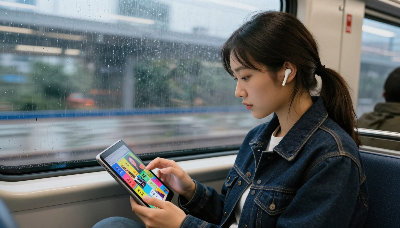 A young woman on a commuter train reading a digital flipbook magazine on a tablet, rain droplets on the window behind her, motion blur suggesting train movement