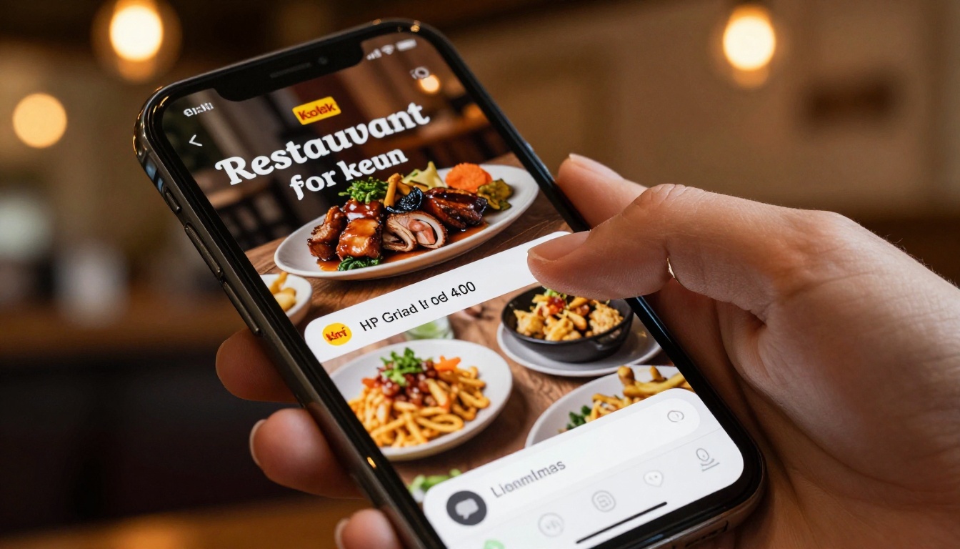 Restaurant menu flipbook on smartphone with chat bubble Restaurant menu flipbook on smartphone with chat bubble