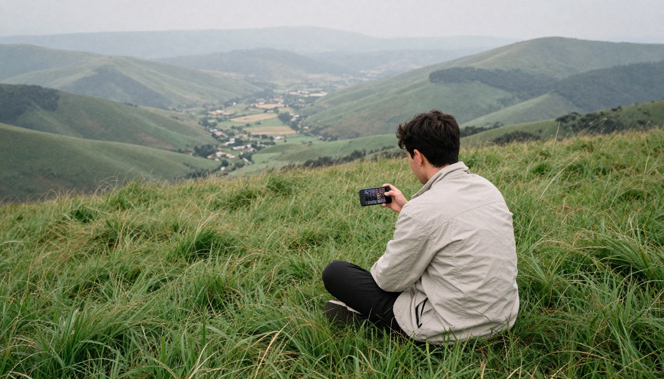 An aerial overhead view of a man sitting cross-legged on a lush grassy hilltop holding a smartphone showing a digital flipbook, scenic valley and misty mountains below, overcast diffused light