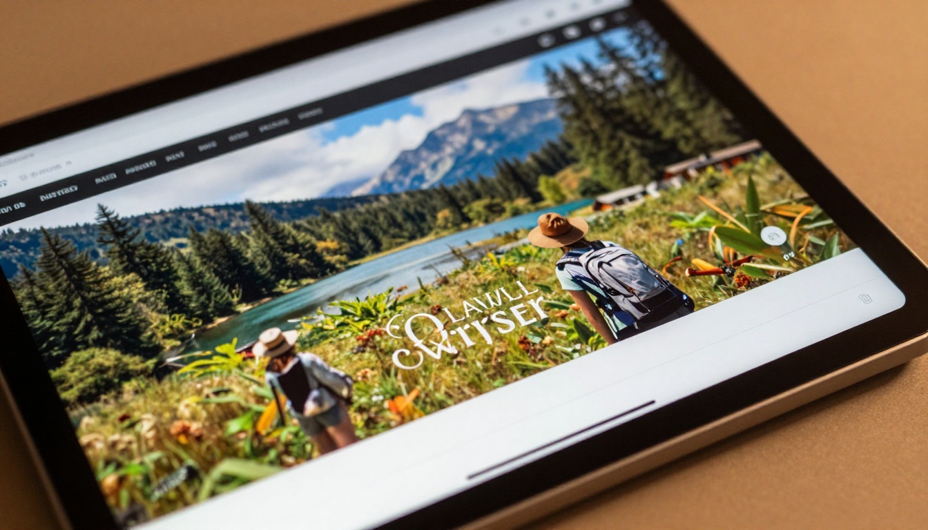 A tablet screen close-up showing a beautifully rendered two-page digital travel flipbook spread, a loading progress bar nearly complete at the bottom, fingerprints on the screen bezel