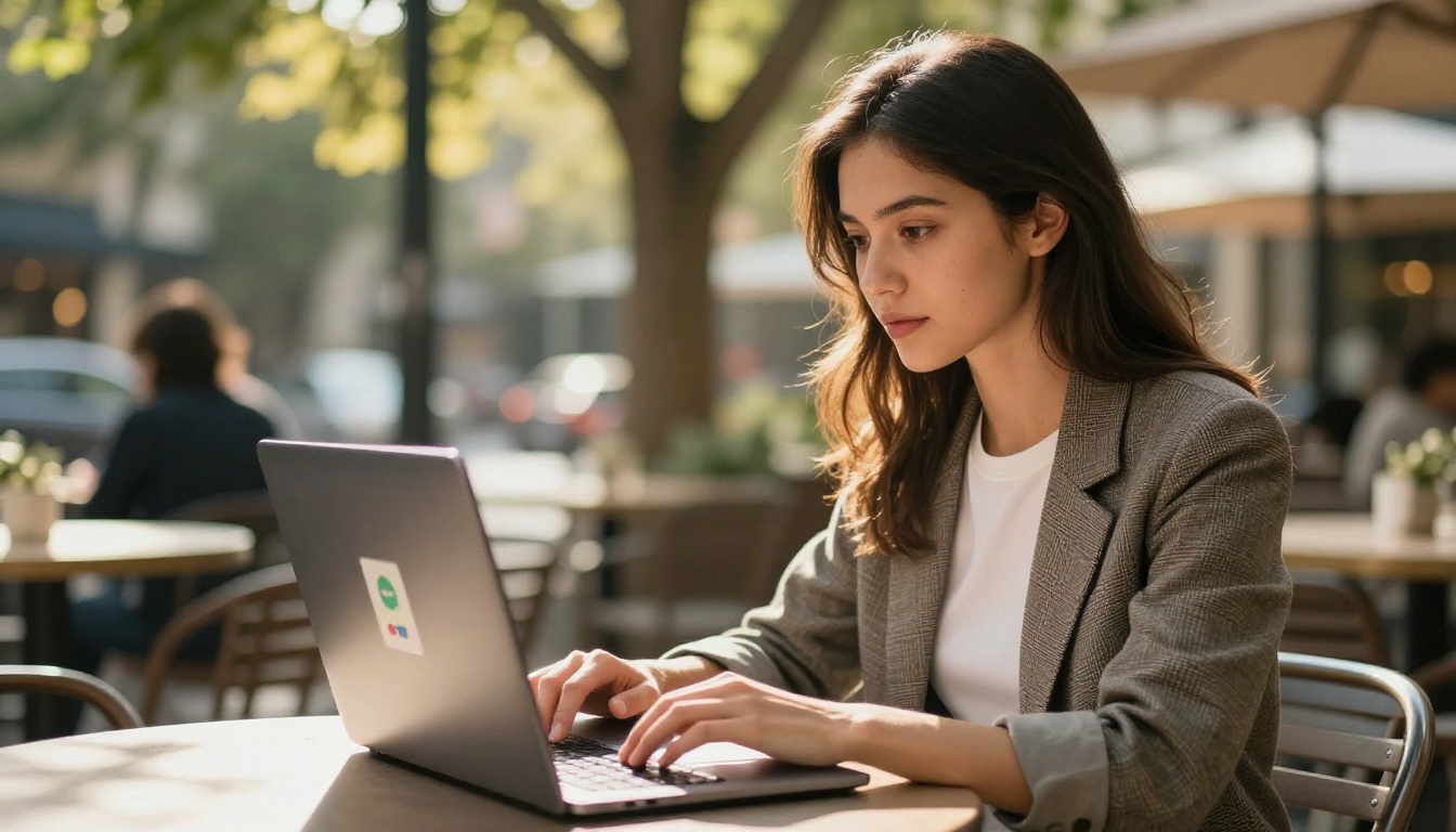 Female entrepreneur at cafe reviewing flipbook on laptop
