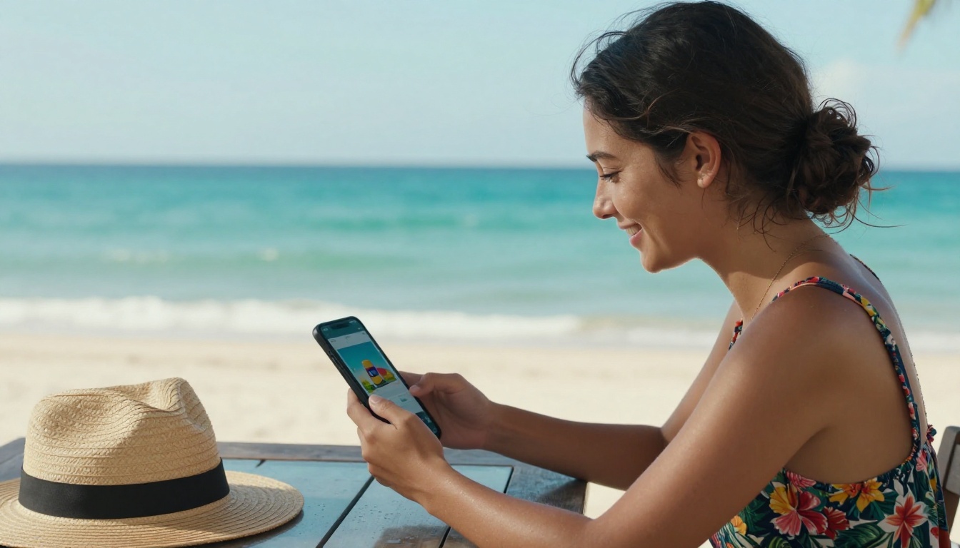 A young woman with dark hair in a loose bun at a wooden beachside outdoor table smiling at a digital flipbook on her smartphone, turquoise ocean blurred in the background, warm afternoon sunlight
