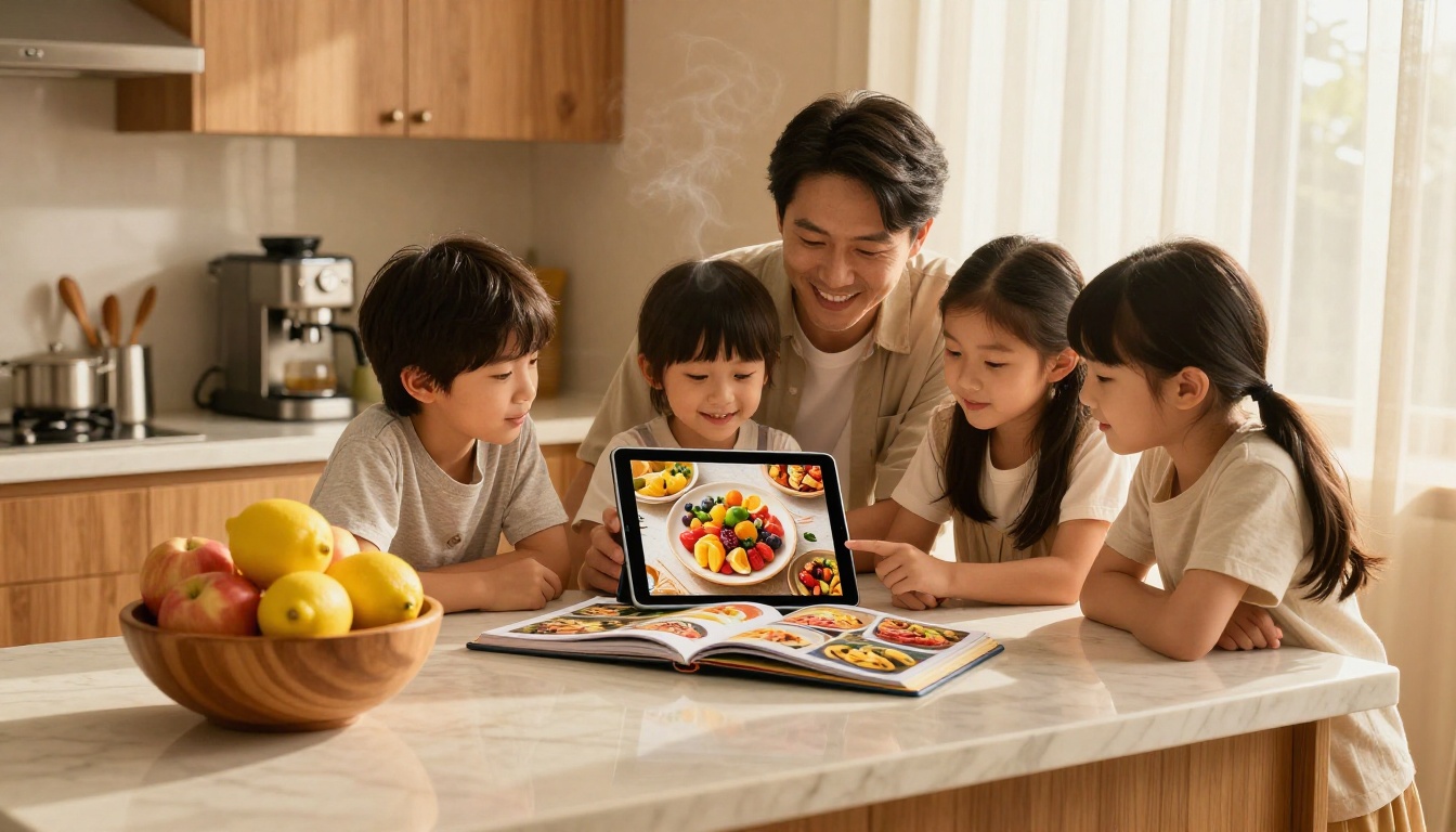 A warm family scene with four people gathered around a large tablet on a marble kitchen countertop looking at a digital recipe flipbook, golden morning light filtering through linen curtains