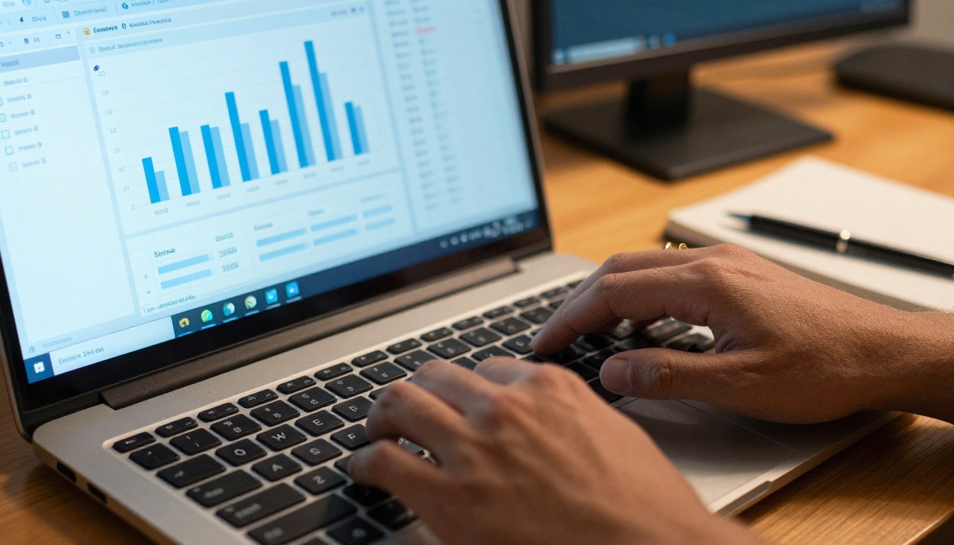 Hands typing on a worn laptop keyboard with a digital flipbook analytics dashboard visible on screen, cool blue office LED lighting mixed with warm amber desk lamp glow