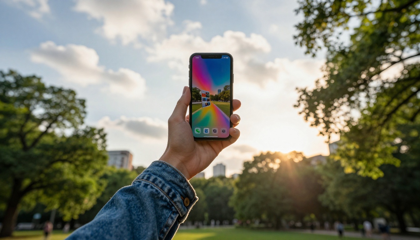 A low-angle view looking up at a young man in a park holding his smartphone against a dramatic partly cloudy sky, a colorful digital brochure flipbook visible on screen, golden hour rim lighting from the left