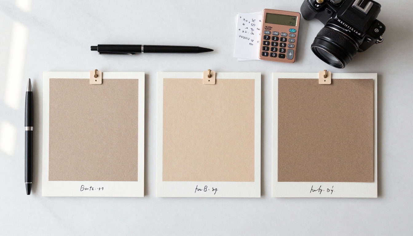 Overhead flatlay of printed flipbook samples with price tags and a calculator on marble