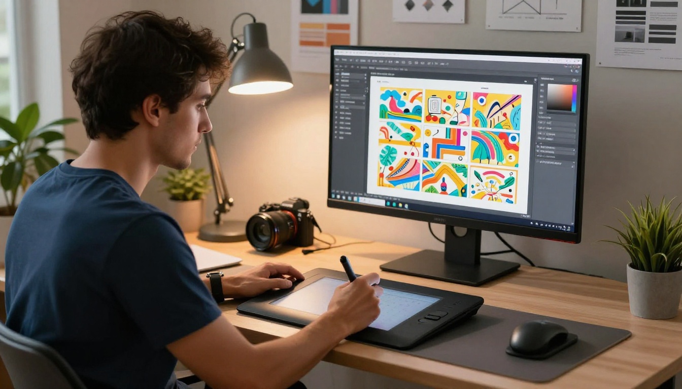Male graphic designer working on a flipbook layout on a large monitor with a stylus tablet