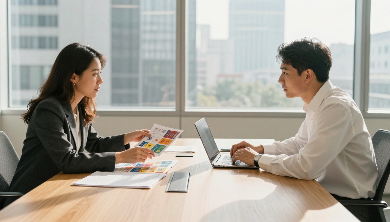 Two business professionals reviewing flipbook samples and a pricing proposal across a conference table