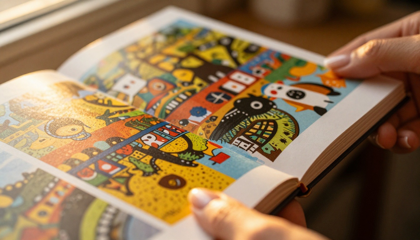 Close-up macro of a colorful printed flipbook held open showing vivid interior pages with fine paper texture