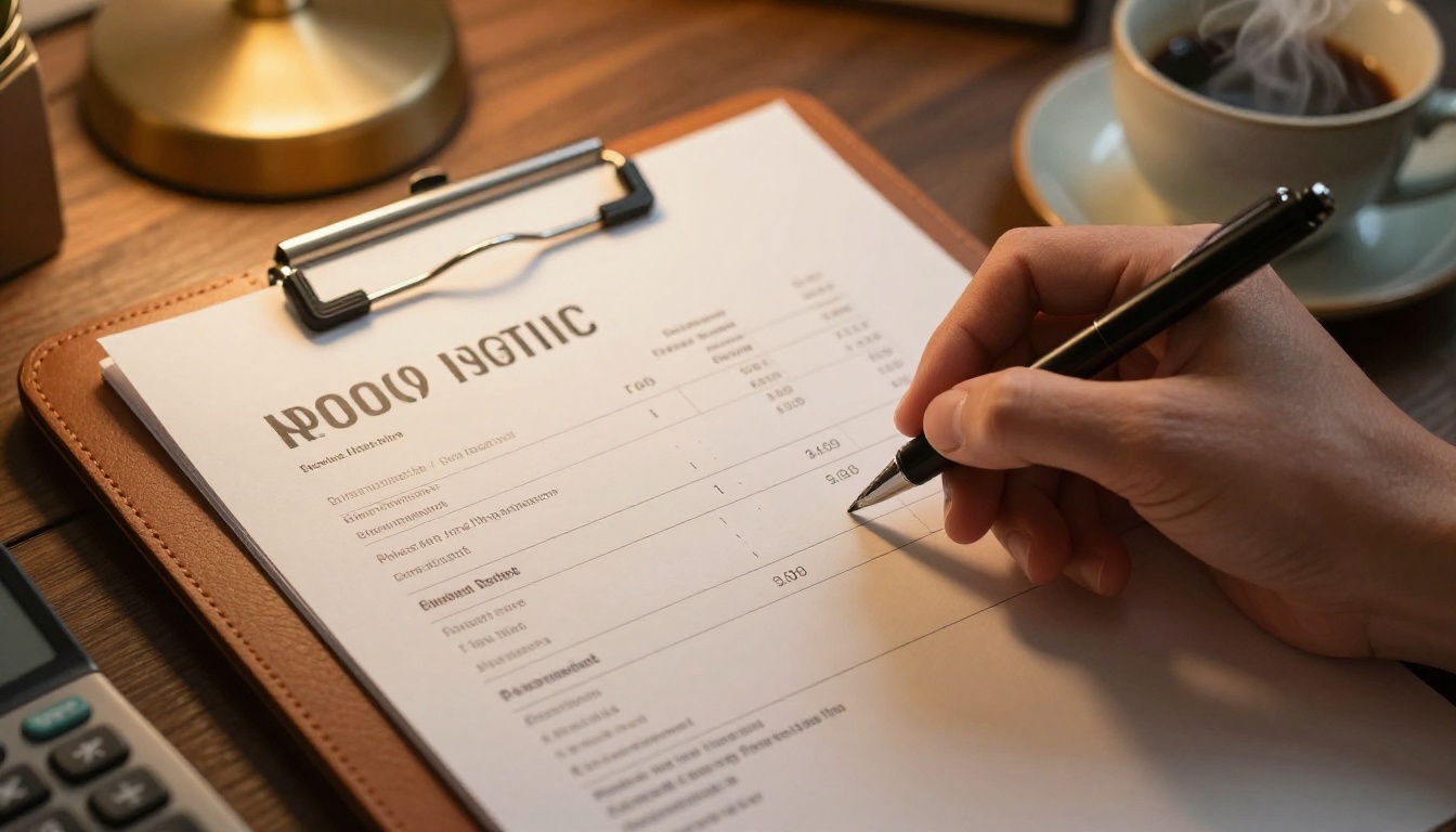 Close-up of a freelance designer's hand writing an invoice with pricing line items on a clipboard