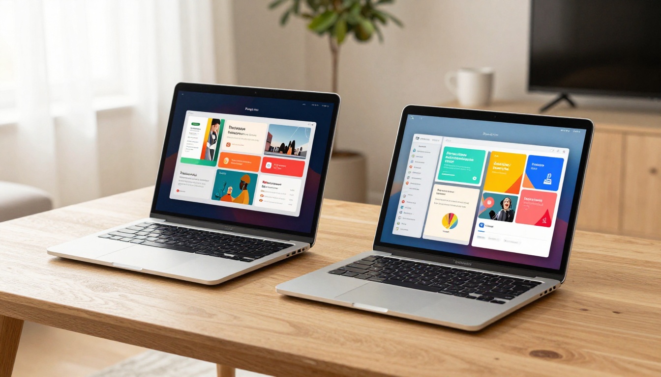 Modern silver laptop and iPad side by side displaying digital flipbook interfaces on a light oak coffee table