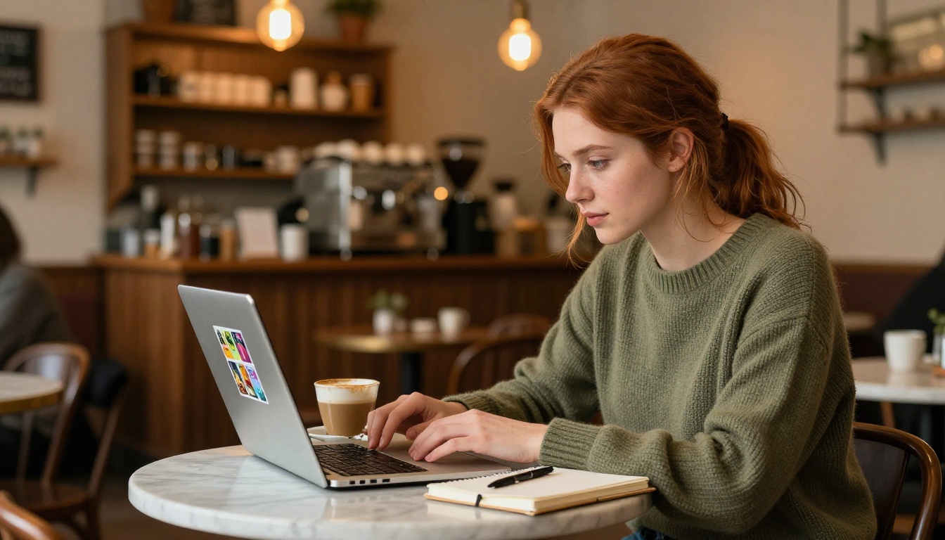Young professional woman working on flipbook designs at her laptop in a warmly lit coffee shop