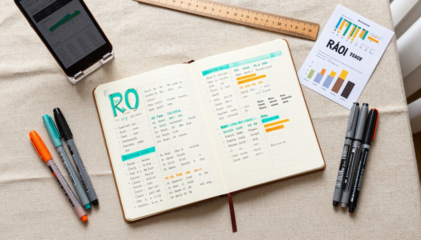 Overhead flatlay of a designer's notebook with ROI calculations, colored markers, and a mini flipbook sample on linen