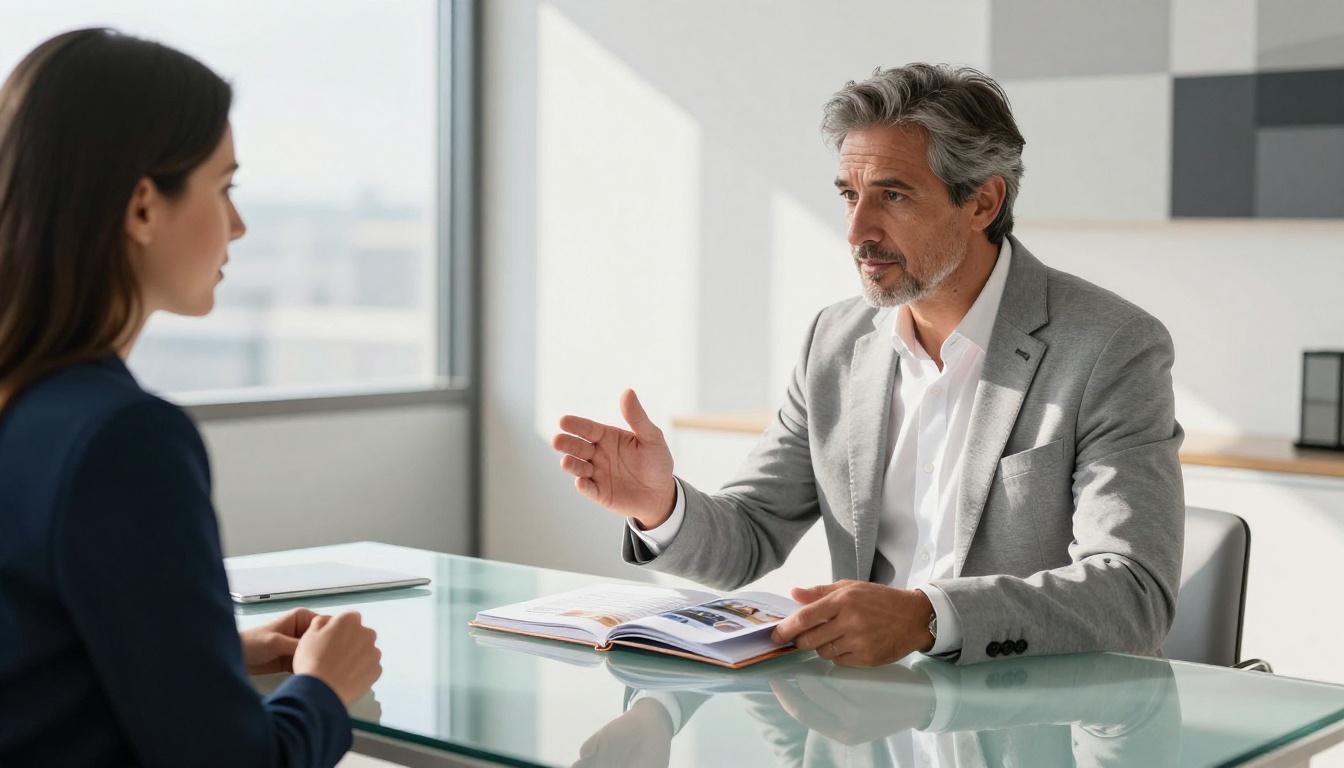 Professional man presenting a premium printed flipbook to a female client across a glass desk in a modern agency office