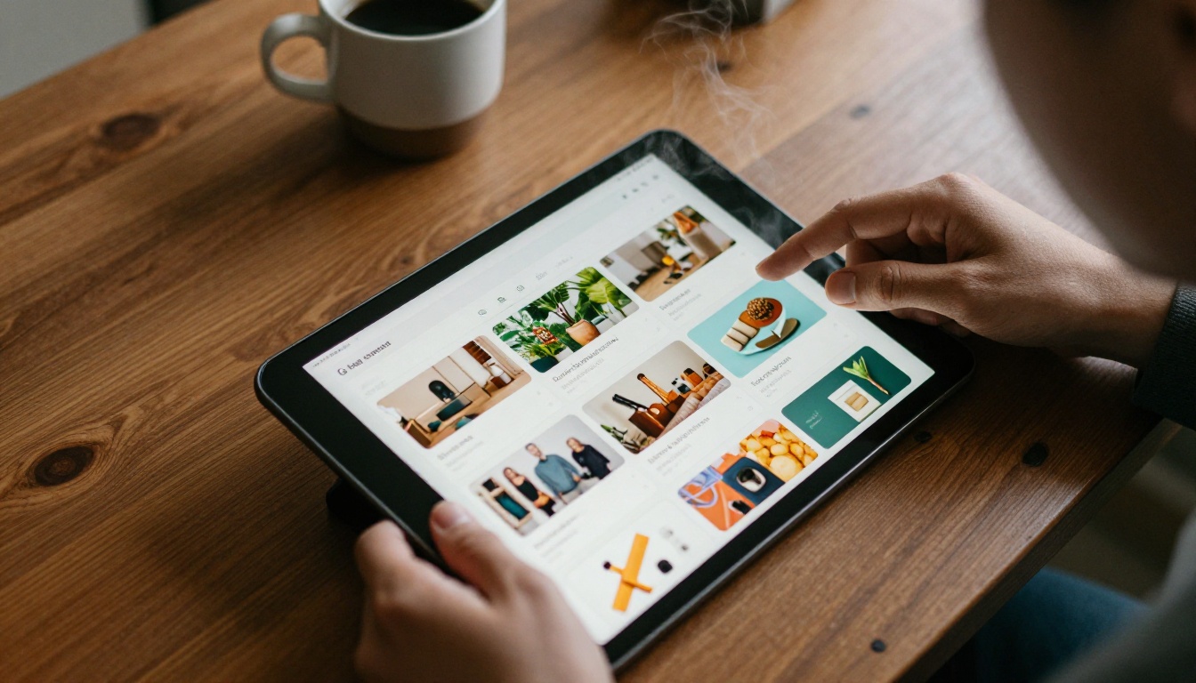 Hands scrolling through tablet showing interactive digital flipbook pages