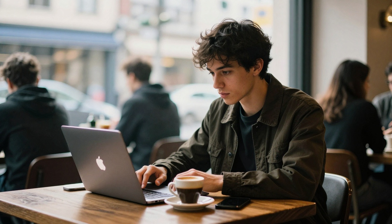 Young man working remotely at cafe on MacBook with afternoon light