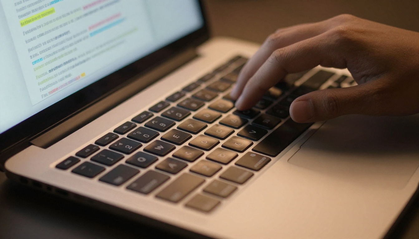 Close-up of laptop keyboard with fingers typing actively