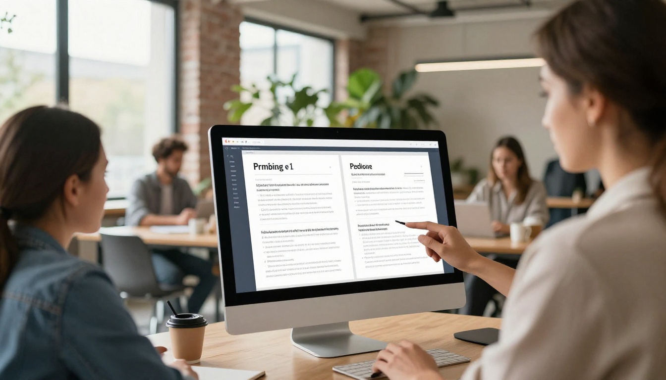 Woman presenting digital flipbook on large monitor to colleagues in modern coworking space