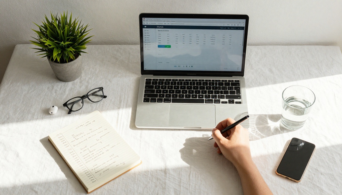 Aerial flat lay of freelancer desk with laptop earnings dashboard and notebook