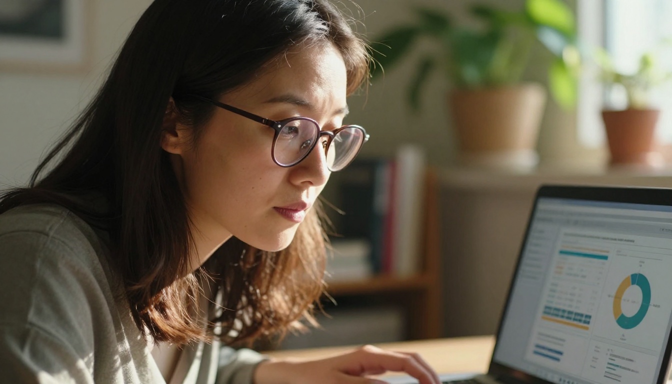 Woman reviewing analytics on laptop in home office with warm afternoon light