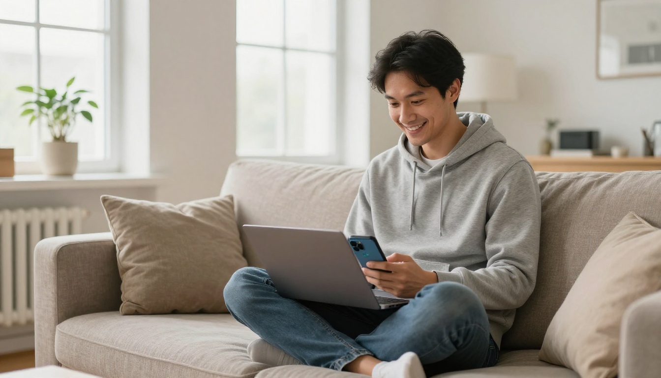 Man sitting on couch smiling at phone showing payment notification