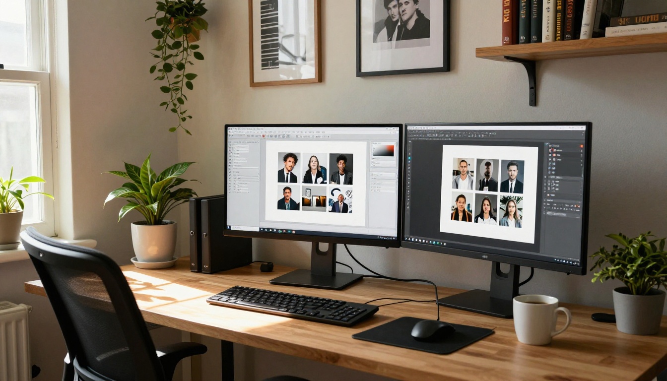 Wide shot of creative home office setup with dual monitors and morning light
