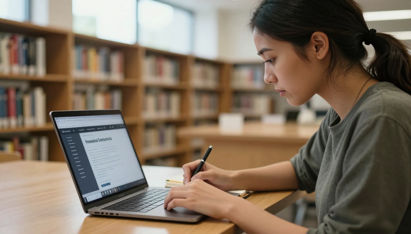 Young woman entrepreneur at library writing in notebook with laptop open