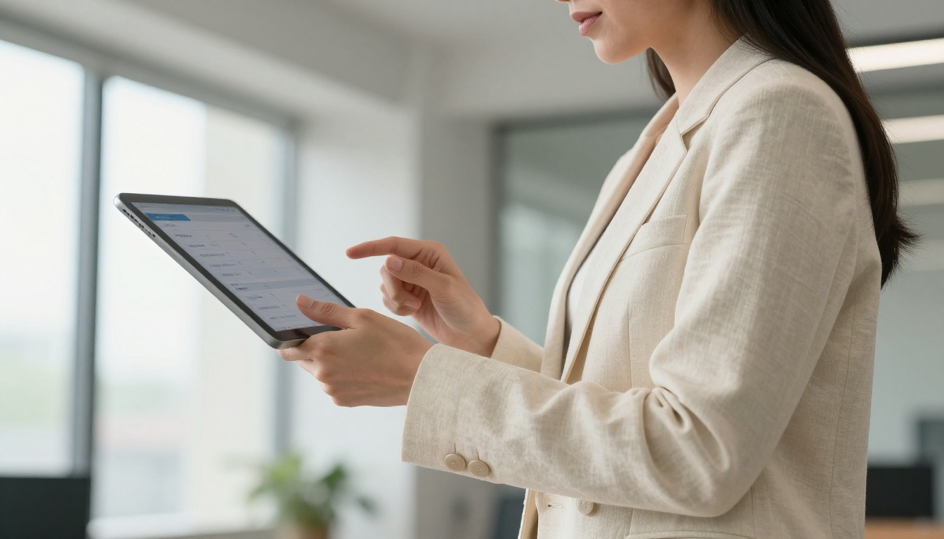 Professional woman reviewing tablet with pricing chart Professional woman reviewing tablet with pricing chart