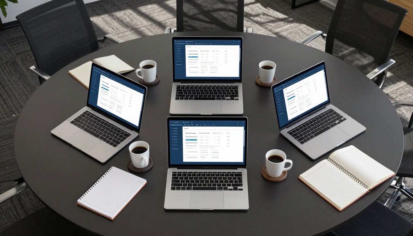 Three laptops comparing software plans on a conference table Three laptops comparing software plans on a conference table