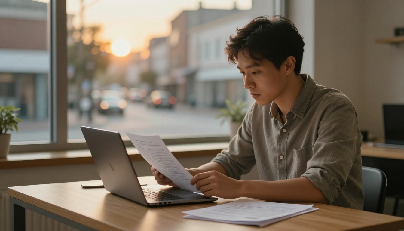 Small business owner reviewing laptop at desk Small business owner reviewing laptop at desk