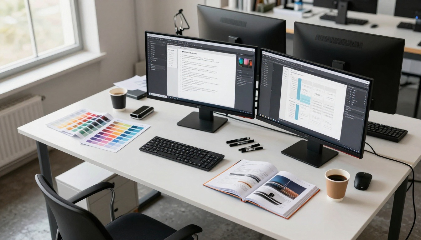 Creative studio workspace with digital documents Creative studio workspace with digital documents