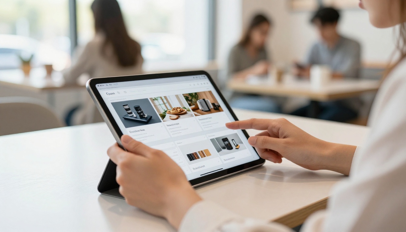 Woman scrolling digital document on tablet at cafe Woman scrolling digital document on tablet at cafe