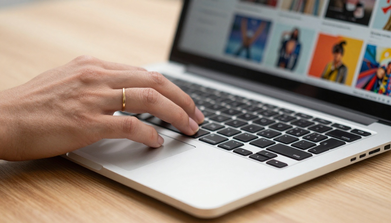 Close-up of designer's hands on laptop keyboard with flipbook portfolio on screen