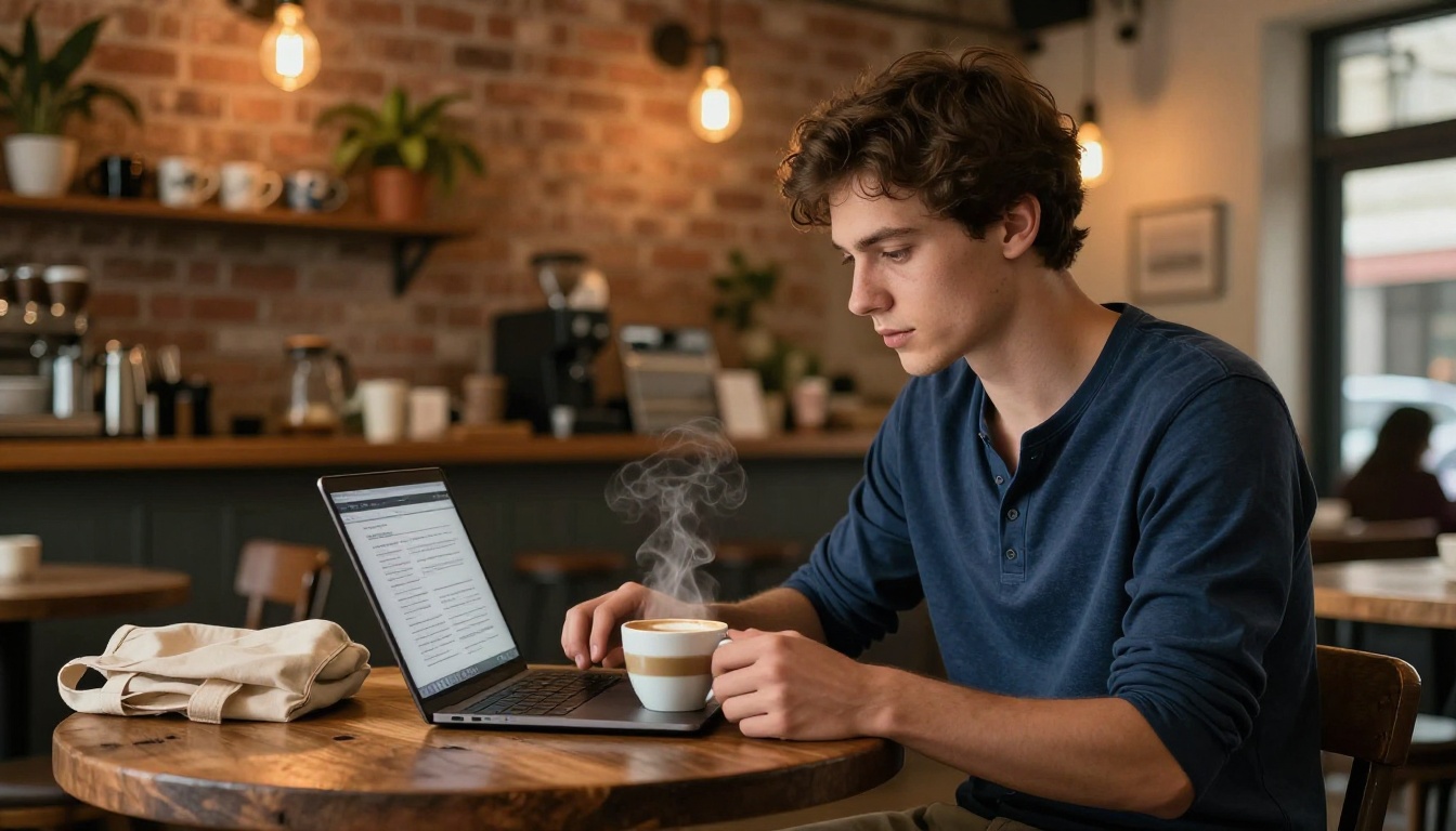 Young male freelance designer reviewing client work in a warm coffee shop