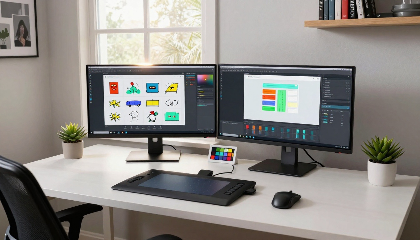 Professional desk setup with dual monitors showing flipbook design projects side by side
