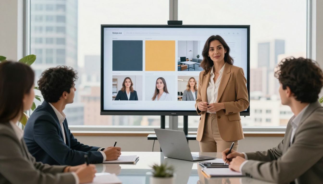 Female designer presenting her digital portfolio to clients in a modern meeting room