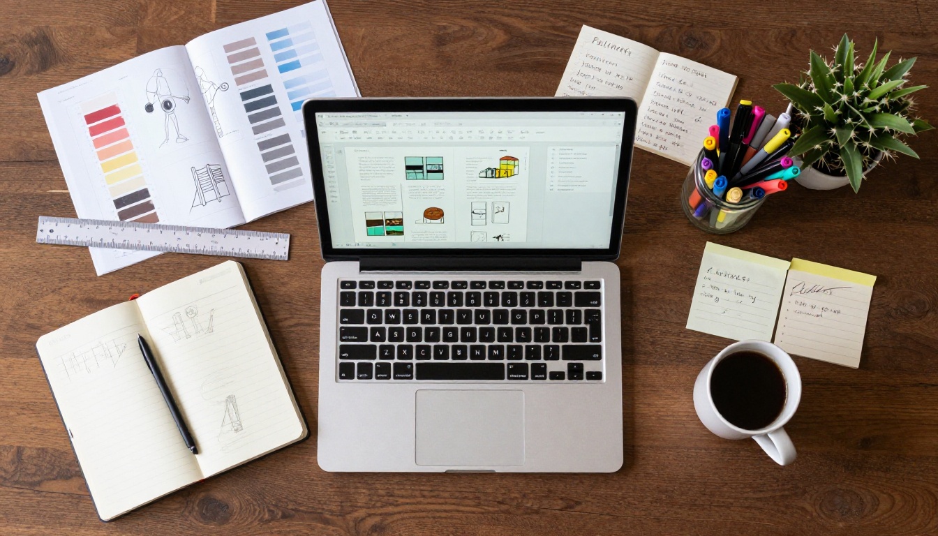 Aerial overhead view of a creative designer's organized workspace with sketchbook and tools