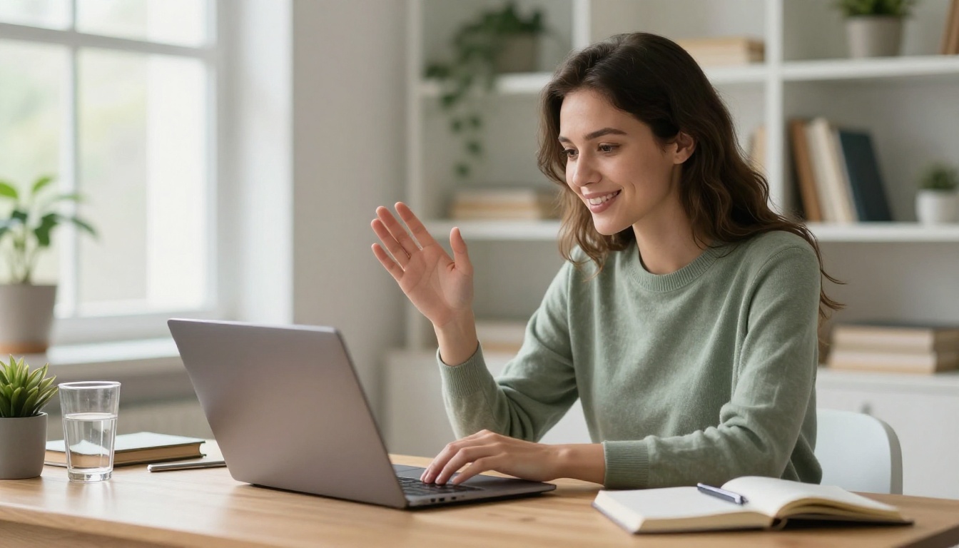 Female freelance designer on a video call with a client, gesturing warmly at her laptop screen