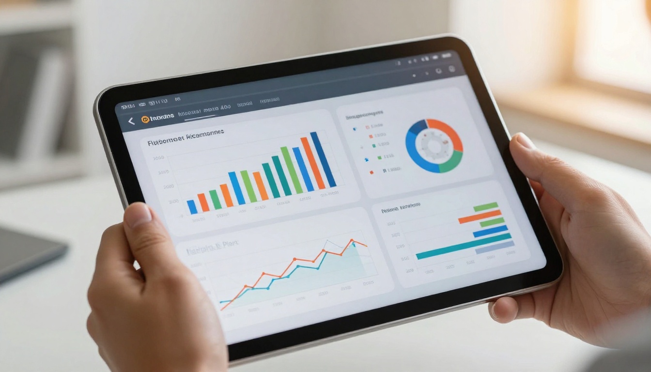 Designer reviewing reader analytics on a modern tablet with colorful dashboard charts