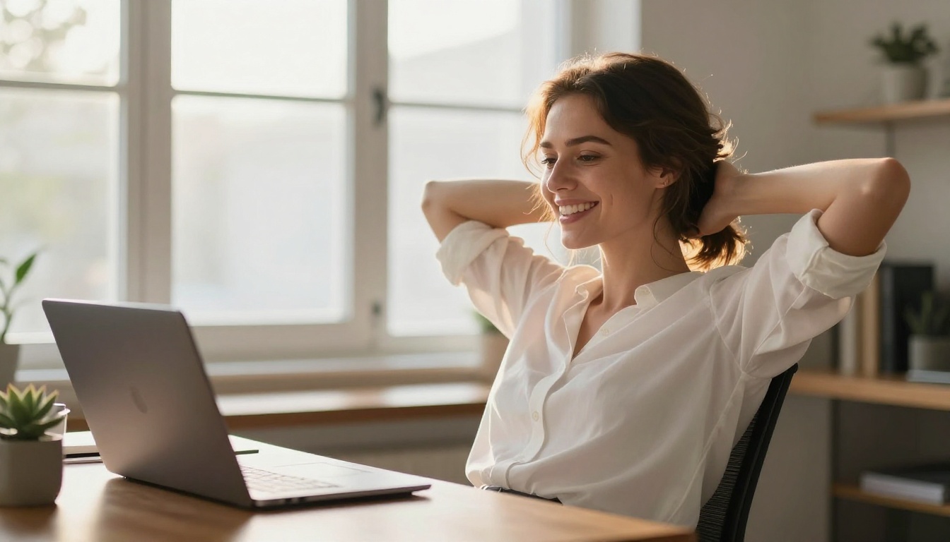 Happy professional woman celebrating a completed freelance project at her home office desk