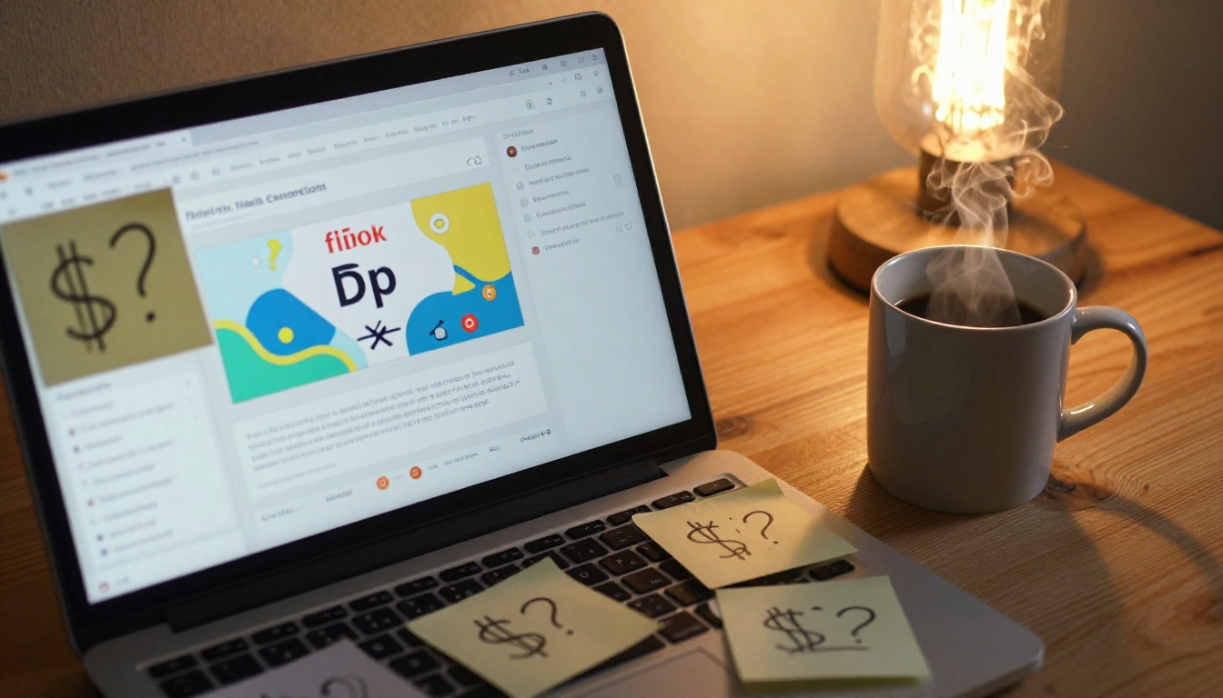 Overhead flat-lay of a desk with a laptop showing flipbook conversion, coffee, and cost-related sticky notes