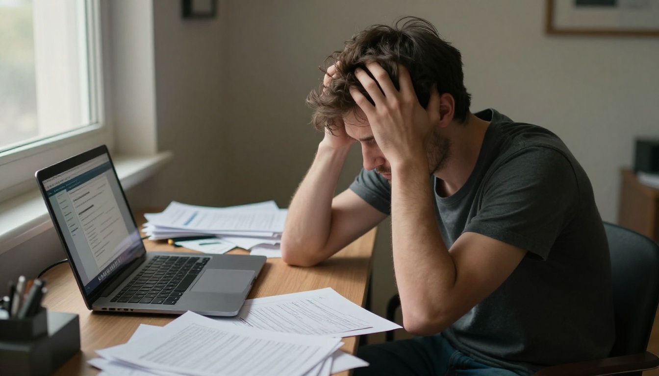 A frustrated young man hunched over a laptop with invoices spread across a cluttered desk, a subscription page on screen