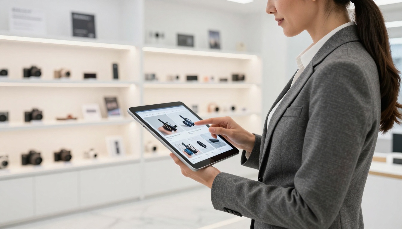 A businesswoman in a blazer holding a tablet showing a digital product catalog with page-flip animation in a modern showroom