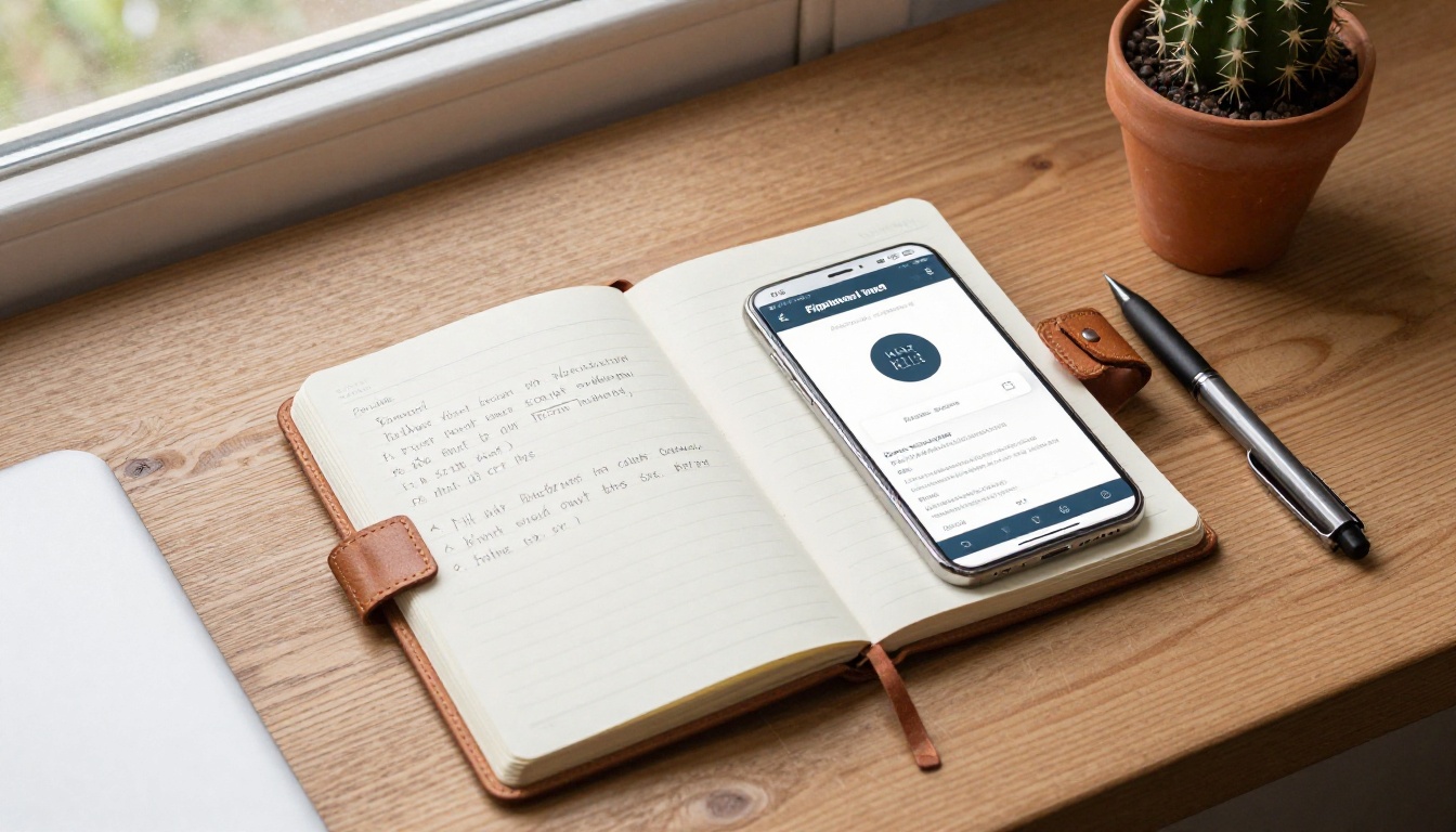 Overhead flat-lay of a wooden desk with smartphone showing a flipbook app, leather notebook with cost notes, and a cactus plant