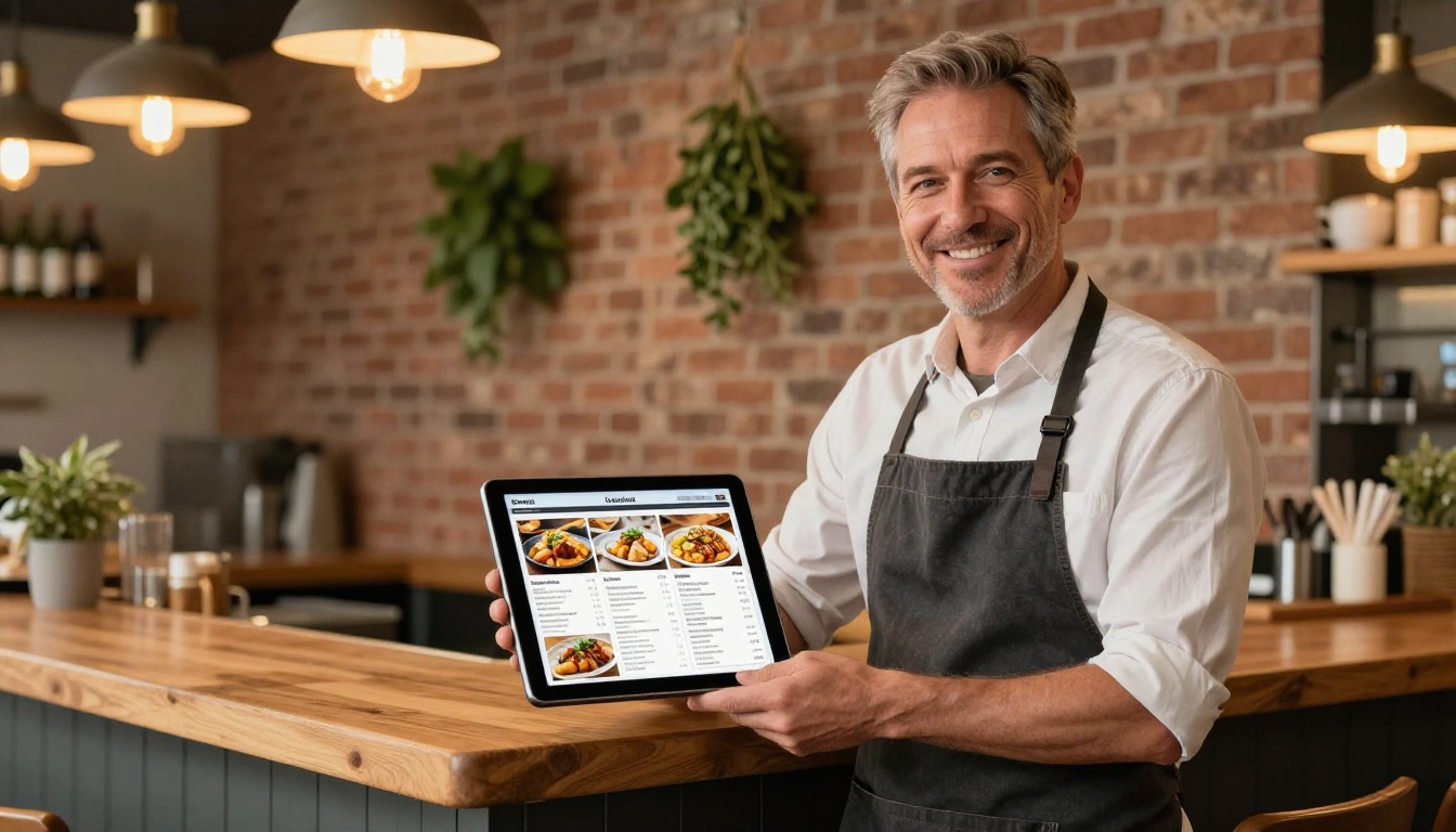A smiling restaurant owner with an apron at his bistro counter holding a tablet with a digital menu