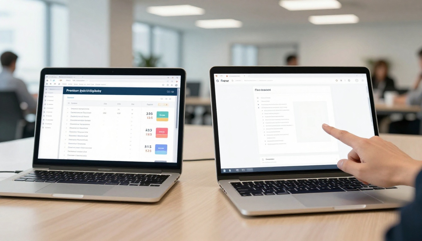 Two laptops side by side on a conference table, one with a complex paid interface and one with a simpler free tool