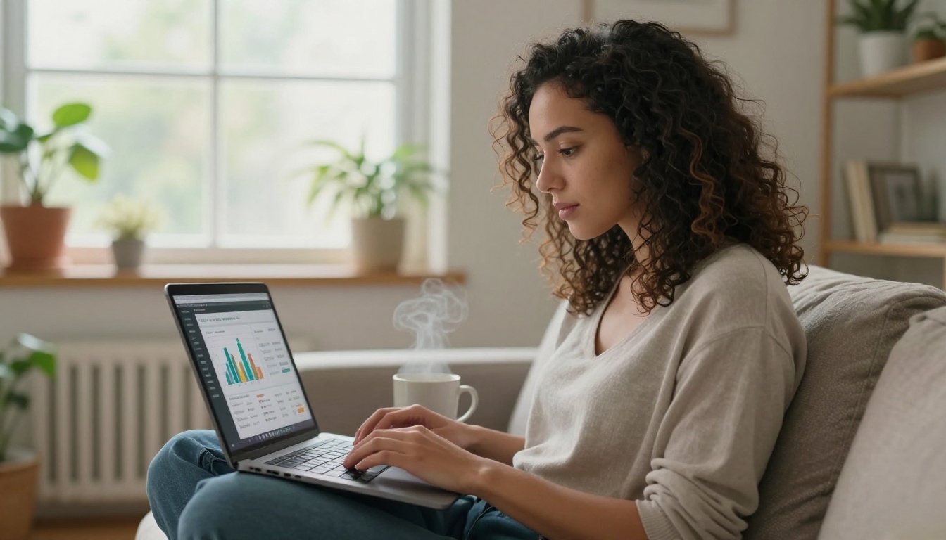 A female freelance designer with curly hair reviewing an analytics dashboard on a laptop while sitting on a couch in a bright living room