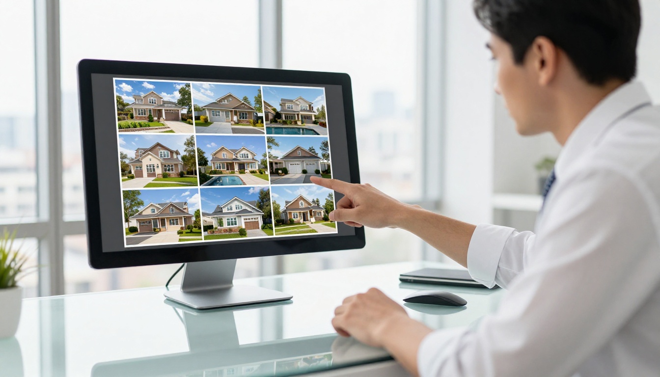 A real estate agent in a white shirt pointing at property brochure flipbooks on a large monitor in a bright open-plan office