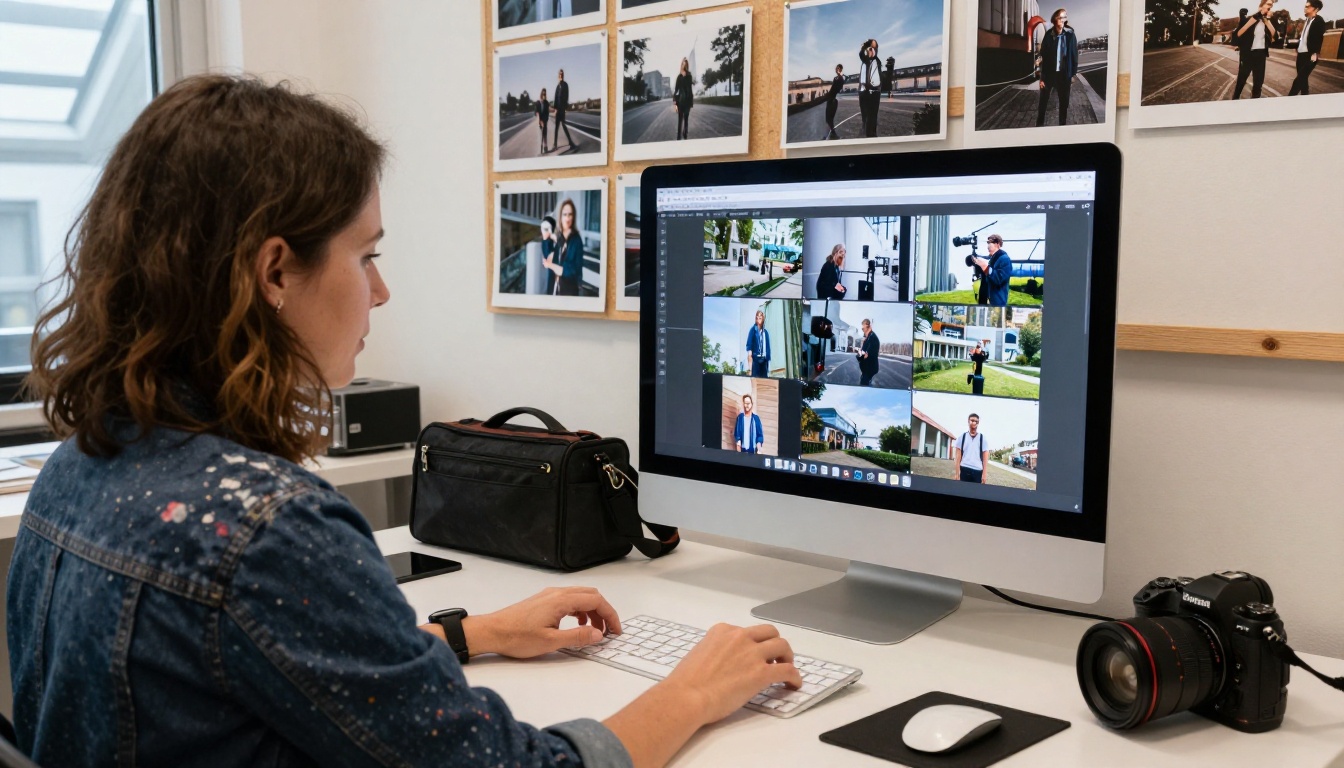 A photographer in her 30s reviewing her digital portfolio flipbook on a large iMac screen in a light-filled studio loft
